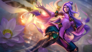 Purple haired woman sword flower - her hand and a flower free wallpaper