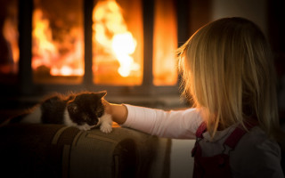 Little girl petting cat fireplace - a cat in front free wallpaper
