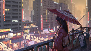 Woman umbrella city night neon 2 - neon free wallpaper