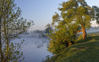 Lake fog trees autumn bench - impressionist free wallpaper