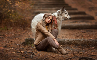 Woman dog woods stairs fashion - stair free wallpaper