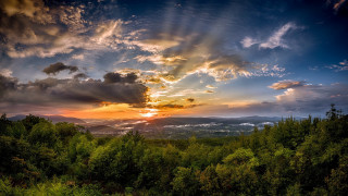 Sunset forest clouds raysovermountains cityscape - asher brown durand free wallpaper