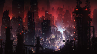 Futuristic city night lights skyline - matte painting concept art free wallpaper
