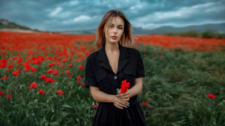 Woman flower field cloudy sky - impressionist free wallpaper