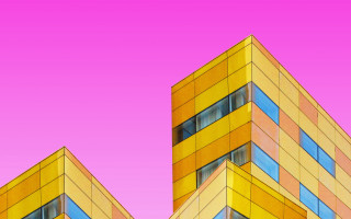 Pink buildings synchromism digital rendering - a pink sky in the background free wallpaper for desktop