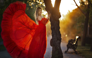 Woman red dress forest bench 3 - impressionist free wallpaper