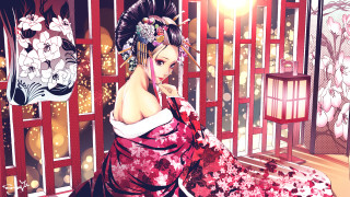 Gothic anime woman reddress bench - a bench in front free wallpaper