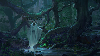 Woman white dress forest stream - a painting of a woman free wallpaper