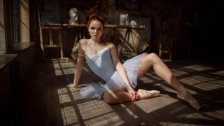 Woman white dress ballet studio - the floor in a room free wallpaper