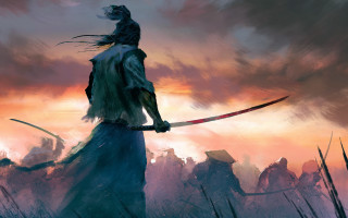 Fantasy swordman field clouds dusk - a painting of a person holding free wallpaper