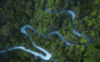 Winding road forest river aerial - aerial free wallpaper