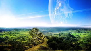 Green landscape blue sky distant 2 - a distant planet in the background free wallpaper