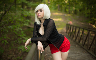 White hair woman leaning wooded - a rail free wallpaper