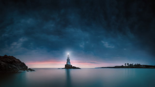 Lighthouse rock ocean night matte - night free wallpaper