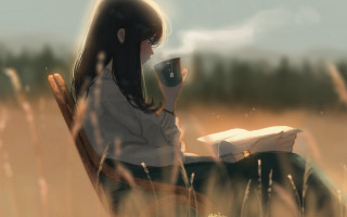 Woman sitting coffee reading field - atey ghailan free wallpaper