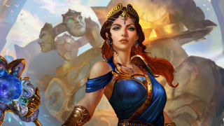 Woman blue dress holding crystal - a gold ring free wallpaper