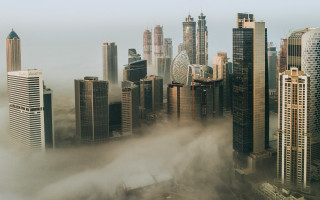 City fog neoism architecture bridge - volumetric fog free wallpaper