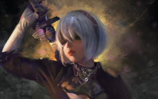 Woman guns smoke dust yorha2b - nier:automata free wallpaper