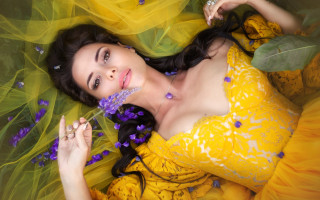Woman yellow dress purple flowers - a yellow dress free wallpaper
