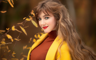Woman longhair yellowjacket leaves redlip - a red lip free wallpaper