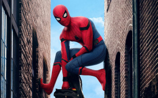 Spiderman hanging cityscape rooftop sky - de stijl free wallpaper