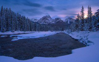 River snowy forest mountains cloudy - covered free wallpaper