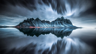 Mountain clouds water redboat sky - a sky free wallpaper