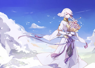 Woman white dress bouquet flowers 5 - du jin free wallpaper