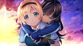 Anime characters hugging sunset cloudy - a sunset background free wallpaper
