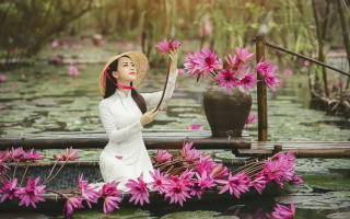 Woman hat rowing flowers lily - a woman in a hat free wallpaper