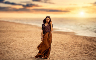 Woman beach longdress sunset ocean - a long dress free wallpaper