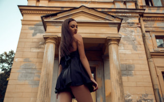 Woman blue dress clock tower 2 - column free wallpaper