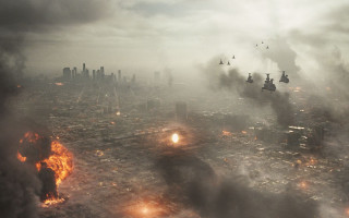 Planes city smoke buildings flying - matte painting concept art free wallpaper
