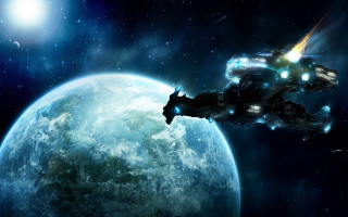 Spaceship blue planet bright light - a space ship free wallpaper