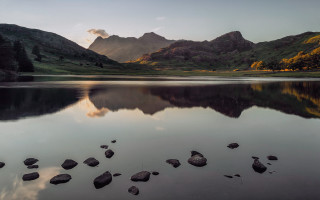 Lake mountains rocks trees sunset - rock free wallpaper