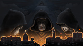 Hooded men city skyline pyramid - glowing free wallpaper for desktop