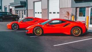 Red sports cars yellow door - vibrant free wallpaper