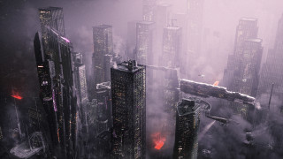 Futuristic city plane night sky - matte painting concept art free wallpaper