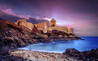Castle cliff ocean sunset medieval - a pink sky above free wallpaper