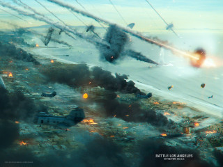 Planes city smoke flying buildings - matte painting concept art free wallpaper