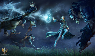 Woman blue dress surrounded monsters - cloudy sky free wallpaper