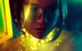 Woman glasses yellow light cyberpunk - a yellow light free wallpaper