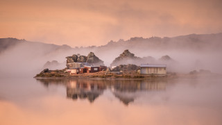 Small island lake fog mountains - the middle of a lake free wallpaper