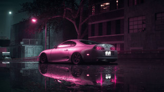 Car neon night cityscape planet - side and a building in the background free wallpaper