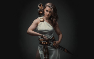 Woman white dress sword owl - a white dress holding free wallpaper