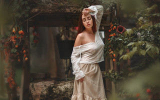 Woman white dress garden flowers - a garden free wallpaper for desktop