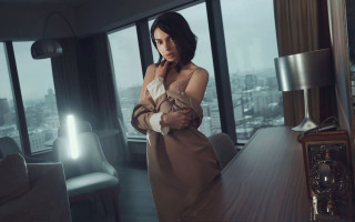 Woman clock window city hologram - private press free wallpaper