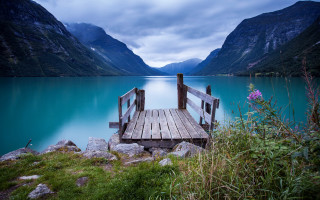 Wooden dock lake mountains forest - a wooden dock free wallpaper