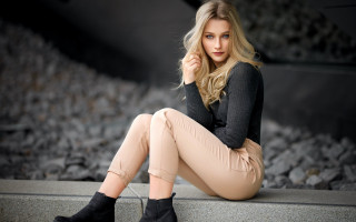 Woman sitting ledge blonde blue - neutral free wallpaper