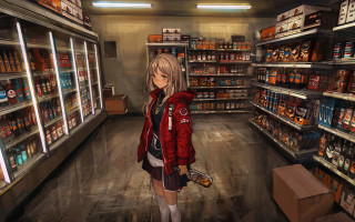 Woman redjacket brownbag cityscape cyberpunk - a brown bag free wallpaper